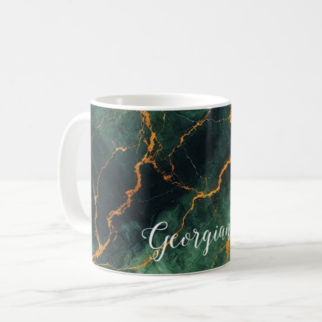 Mug Forêt automnale personnalisée Marbre vert et or (Devant gauche)