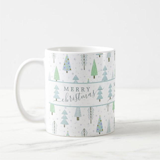Mug Forêt de Noël Joyeuse moderne Arbres Vert Bleu (Gauche)
