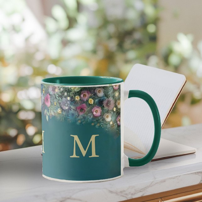 Mug Forêt enchantée Rose verte verte Fée Bois (enchanted forest mug monogram wild roses wildflower floral emerald gold woodland fairy greenery)