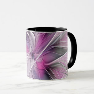Mug Fractal Floral Moderne Abstrait Fleur Rose Gris