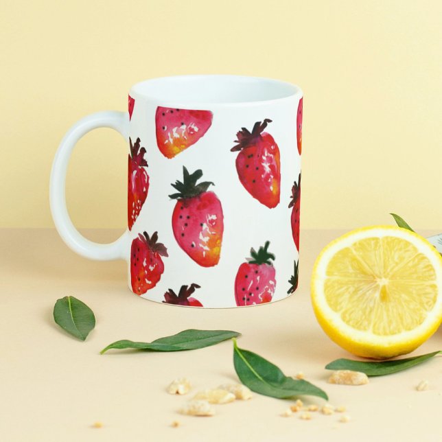 Mug Fraises Rouge Été Cute Boho Illustré À La Main (These unique watercolor strawberries are yummy and appetizing all year round.)