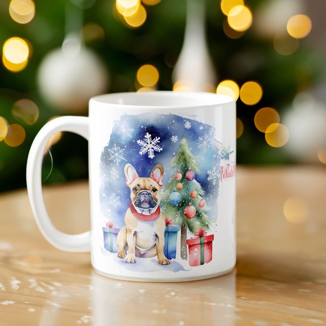 Mug French Bulldog voeux de Noël pour les chiens (French bulldog Christmas gift personalized mug with cute French bulldog puppy watercolor dog lovers)