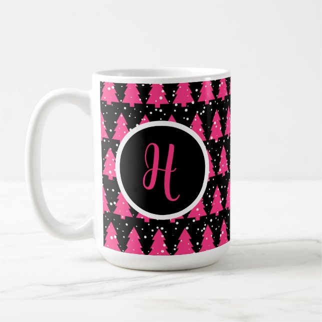 Mug Fuchsia moderne & Black Christmas Tree Monogramme (Gauche)
