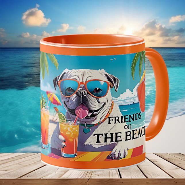 Mug Fun Friends Dogs Summer Beach (Mug featuring a collage of two dogs having a drink on a sunny summer beach. Great for a dog lover.)