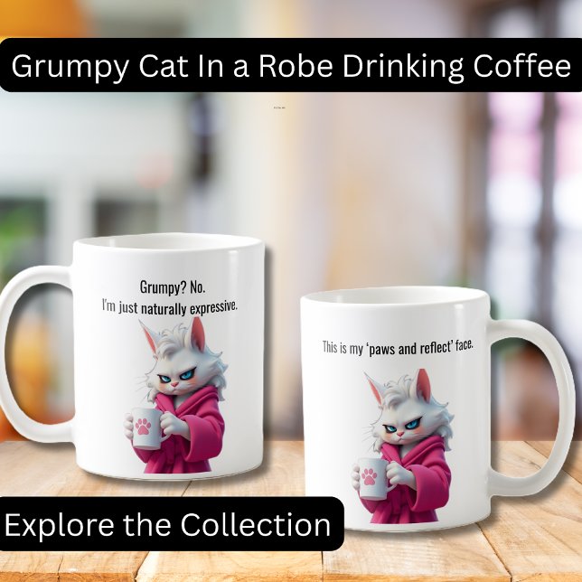 Mug Funny Grumpy cat dans un chat blanc Robe et Café (Funny Grumpy Cat in a Robe with Coffee.  Perfect gifts, Cat lovers, Coffee Lovers)