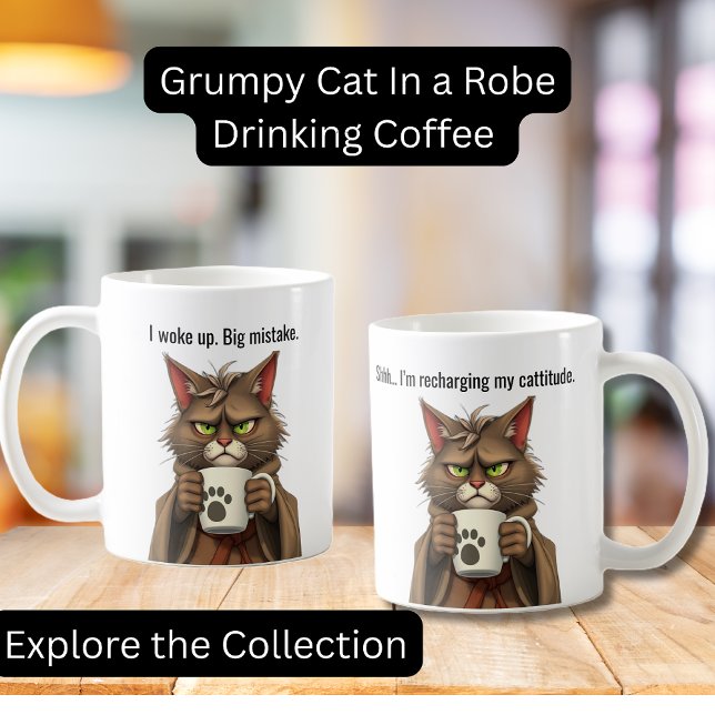 Mug Funny Grumpy cat dans un chat Robe et Café (Funny Grumpy Cat in a Robe with Coffee.  Perfect gifts, Cat lovers, Coffee Lovers)