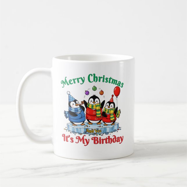 Mug Funny Penguins, Merry Christmas Birthday (Gauche)