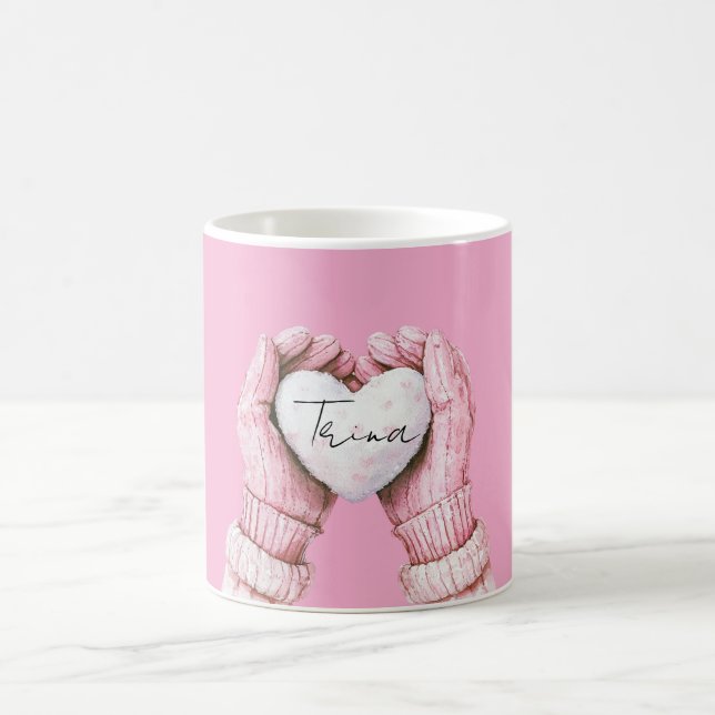 Mug Gants d'hiver rose Fille Coeur blanc (Centre)