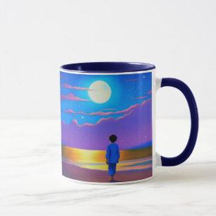 Mug Garçon sur la plage, regardant la lune