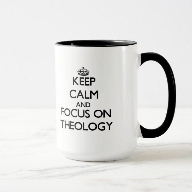 Mug Gardez le calme et le foyer sur la théologie (Droite)