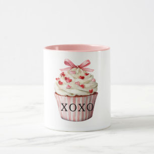 Mug Gâteau d'anniversaire Cupcake Cœurs Rouges Nœud Ro