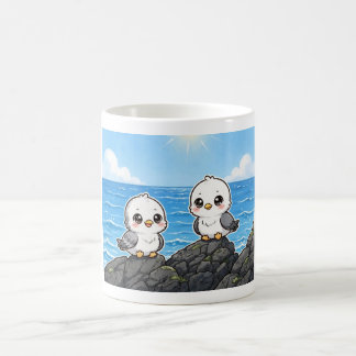 Mug Gaviotas kawaii en la Roca frente al mar
