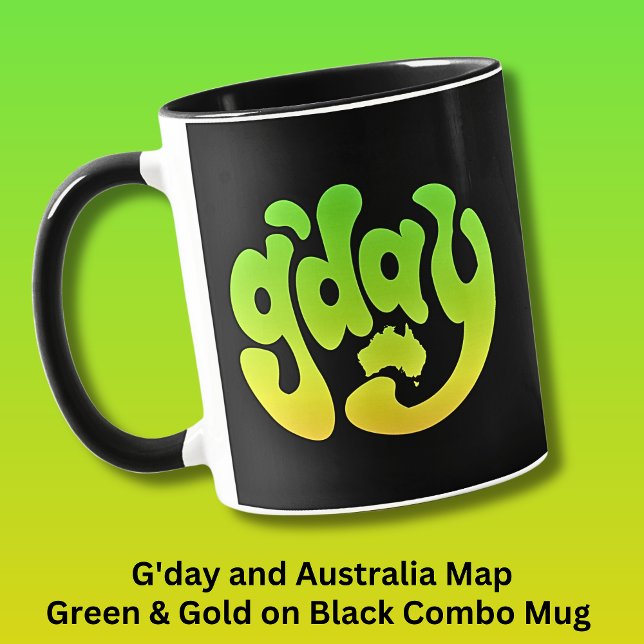 Mug G'DAY avec l'Australie Carte Vert Or sur Noir (Créateur téléchargé)