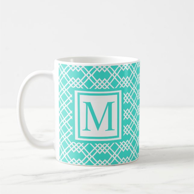 Mug Geo Monogramme en treillis moderne Turquoise & Bla (Gauche)