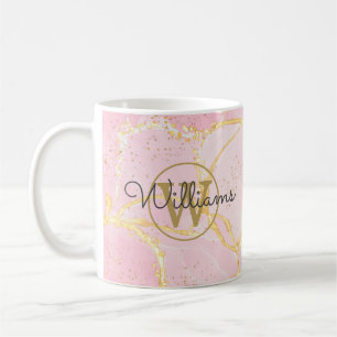 Mug Géode d'agate rose Monogramme Or Nom de script