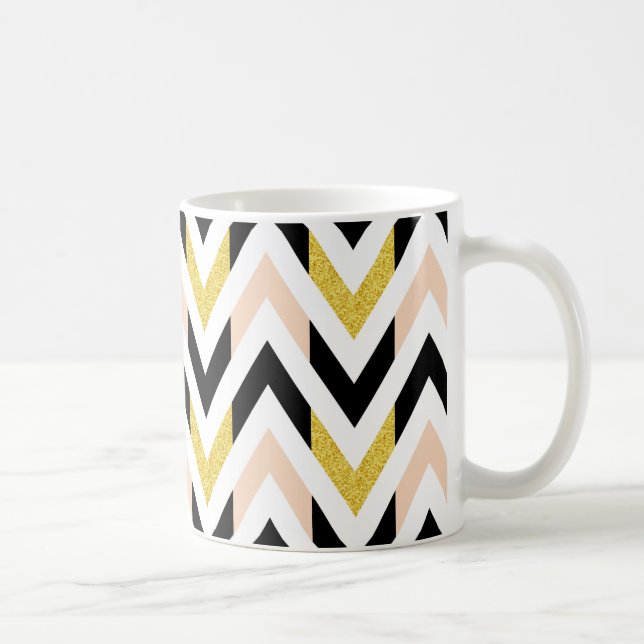 Mug Géométrique Noir, Or, Rose et Blanc Chevron (Droite)