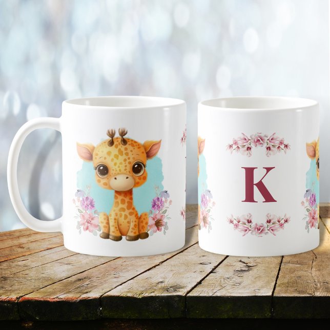 Mug Girafe Bébé charmant Monogramme floral (Créateur téléchargé)