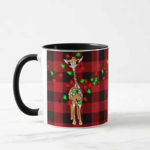 Mug Giraffe de vacances, tartan rouge, lumières scinti
