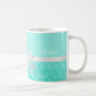 Mug Girl Aqua Turquoise Damask Ruban blanc avec nom