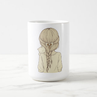 Mug Girl with Braid and Cat Illustration – Soft Pastel