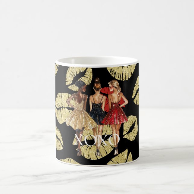 Mug Girls in Glam Gold Black Red Dresses Lips Kiss (Centre)