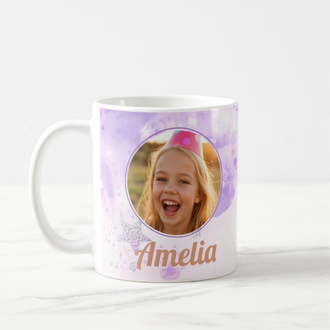 Mug Girls Purple Bubbles Photo Name Birthday (Gauche)