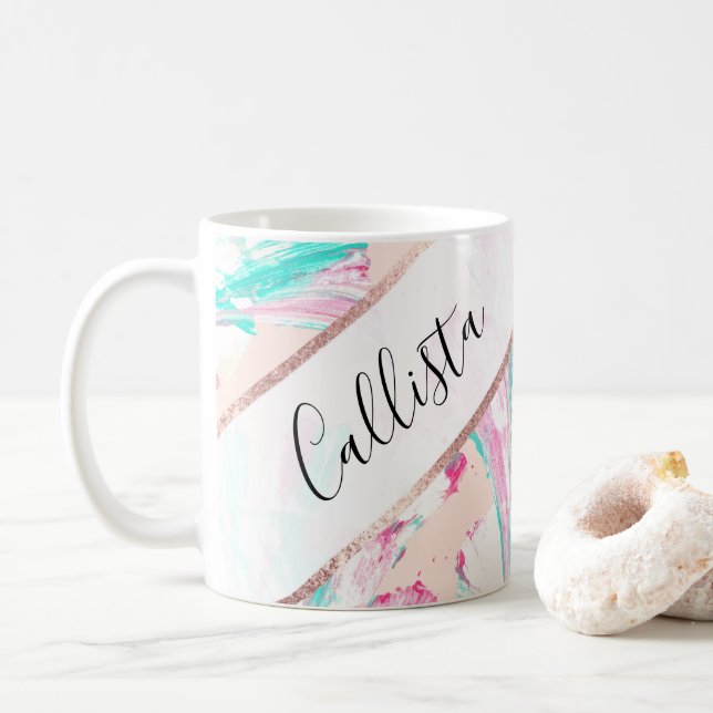 Mug Girly Artsy rose Turquoise acrylique Abstrait Flow (Avec donut)
