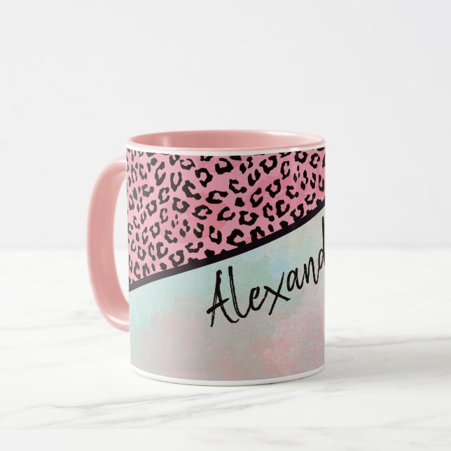 Mug Girly Pink Leopard Aquarelle Ajouter un nom (Devant gauche)
