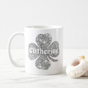 Mug Glam Girly Argent Paillettes Trèfle Chanceux Nom