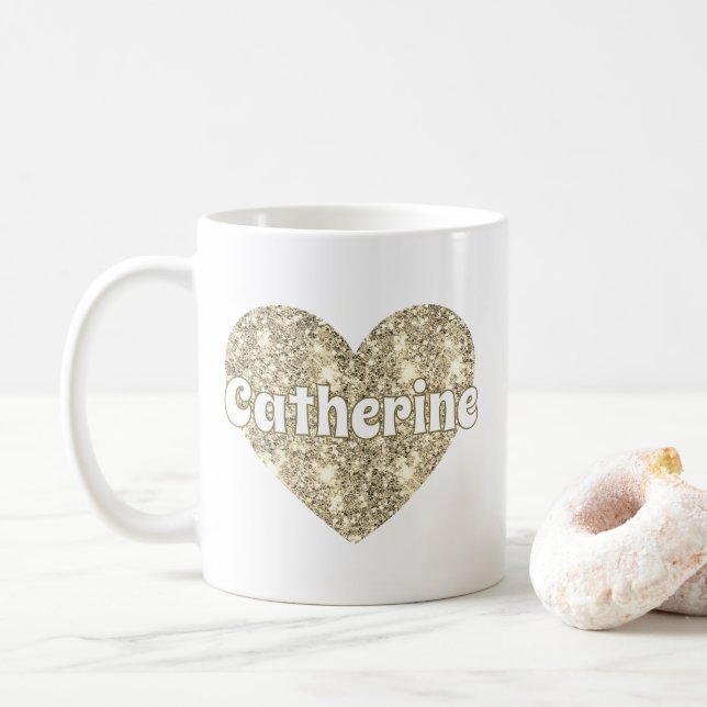 Mug Glam Girly Gold Pailletés Coeur Nom  (Avec donut)