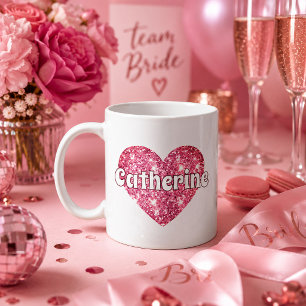 Mug Glam Girly Rose Pailleté Cœur Nom