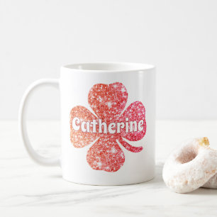Mug Glam Girly Rouge Paillettes Trèfle Chanceux Nom 