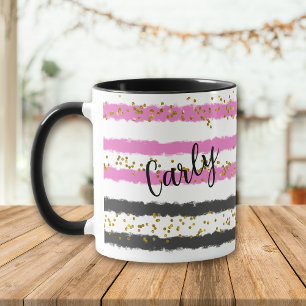 Mug Gold Confetti Rose Black Stripes Nom