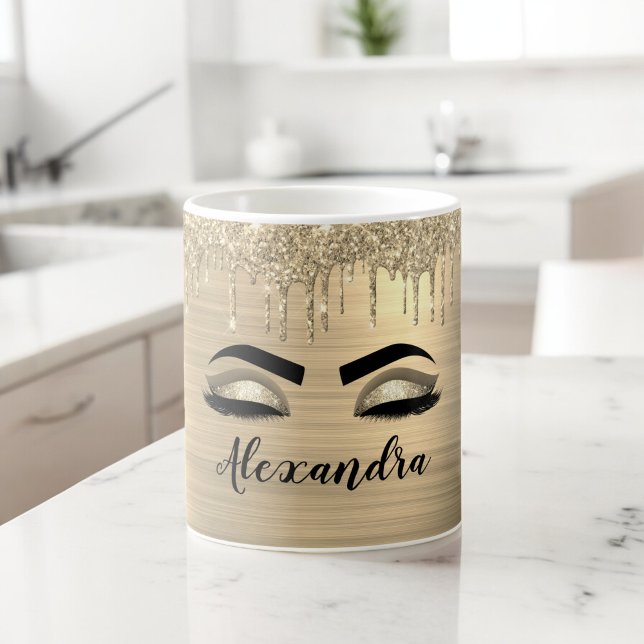 Mug Gold Glitter Sparkle Eyelashes Monogram (Créateur téléchargé)