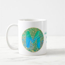Mug Gold, lettre Turquoise M et Fleurs colorées