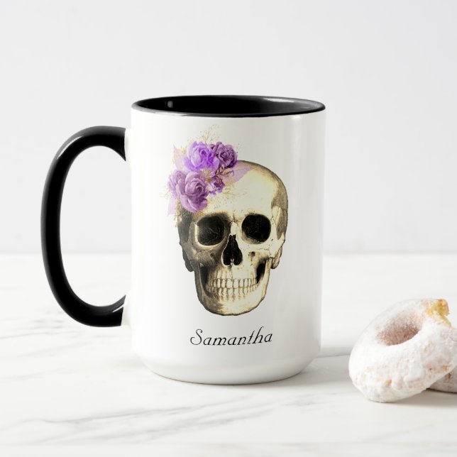Mug Gothique Crâne violet Roses personnalisés (Avec donut)