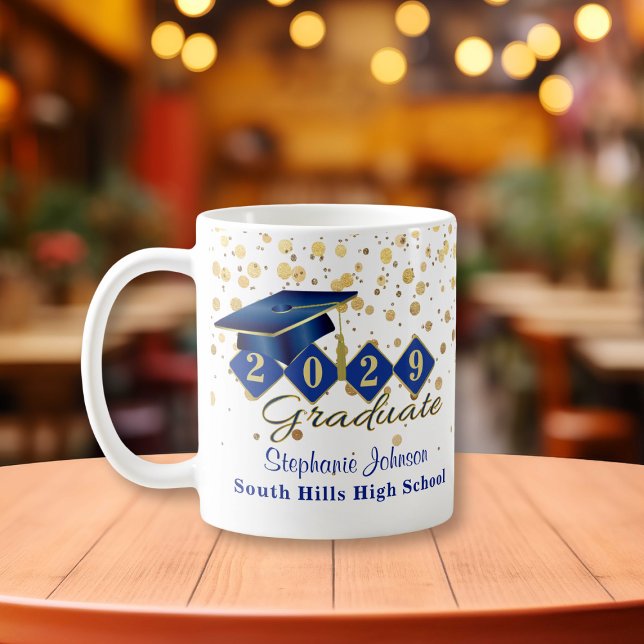 Mug Graduation personnalisée Bleu & Or (Personalized Graduation Blue & Gold Coffee Mug)