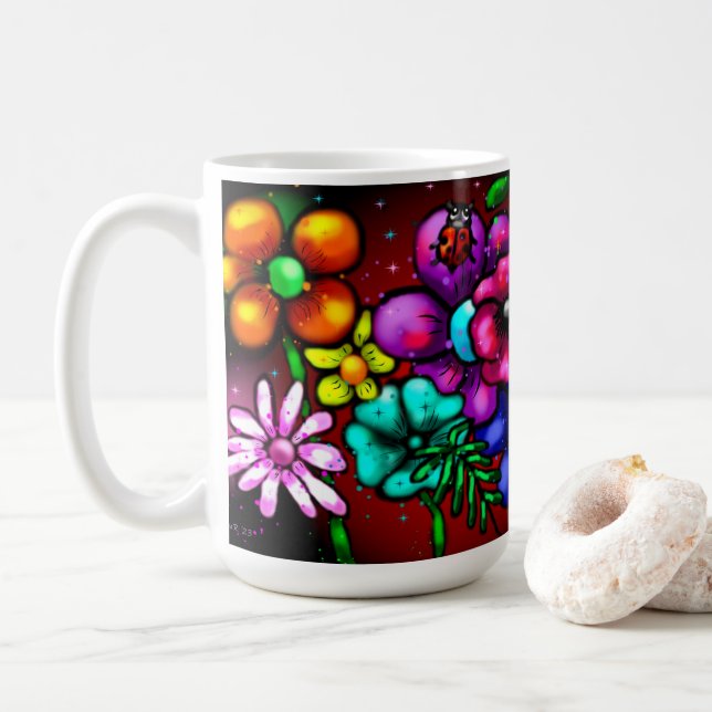 Mug Graffiti Style Fleurs & Ladybug rose violet rouge (Avec donut)