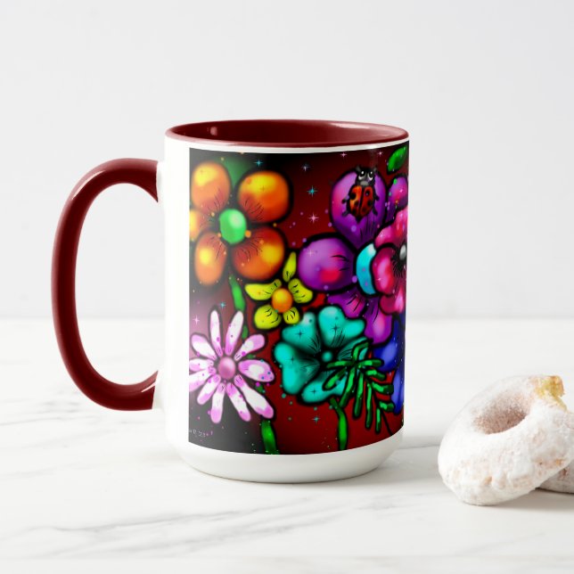 Mug Graffiti Style Fleurs & Ladybug rose violet rouge (Avec donut)