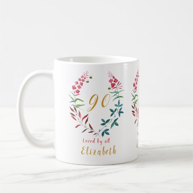 Mug Grand-mère 90e anniversaire Floral Ajouter votre n (Gauche)