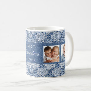 Mug Grand-mère bleu denim dentelle photo collage