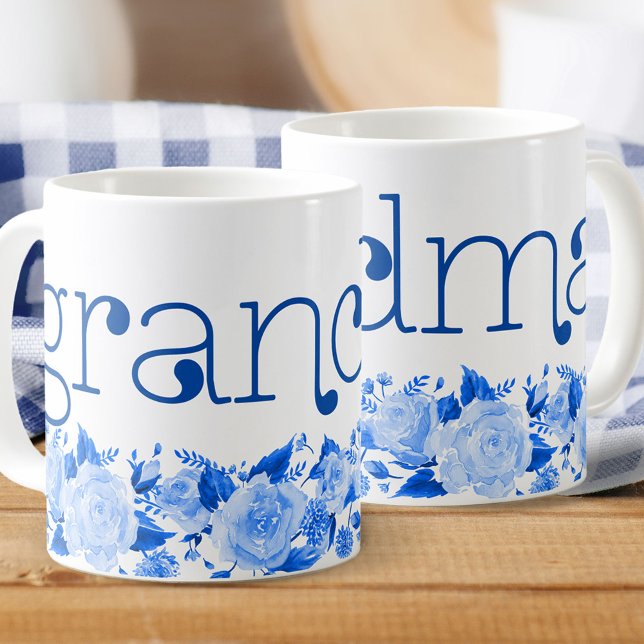 Mug Grand-mère Chine bleu aquarelle Roses floraux (Créateur téléchargé)