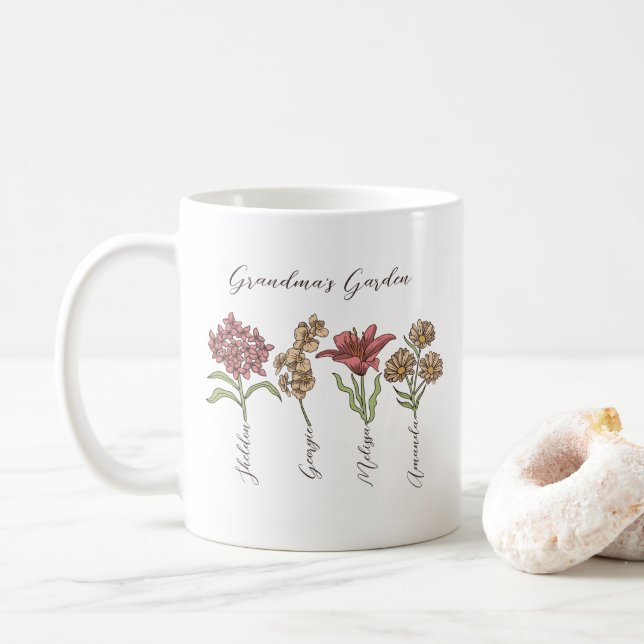 Mug Grand-mère's Garden Flower 4 Grandkids Nom Floral (Avec donut)