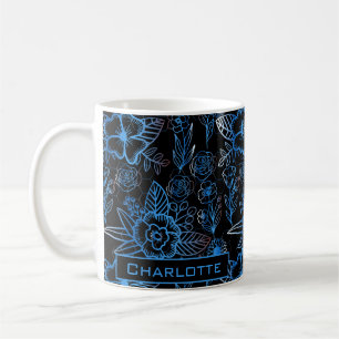 Mug Grand motif fleuri bleu nom personnalisé