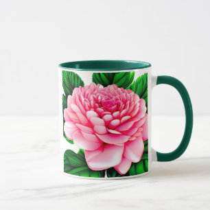 Mug Grande Pivoine Rose avec Feuilles Vert Émeraude