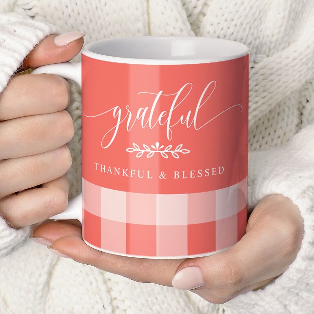 Mug Gratuit Merci Bienheureux Corail Et Blanc Plaid (Créateur téléchargé)