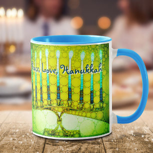 Mug Green Menorah Peace Love Hanoukka Script moderne