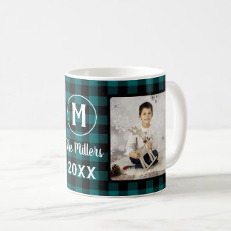 Mug Green Plaid Holiday Nom de famille 2 Année photo
