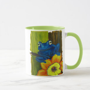Mug Grenouille bleue se relaxant sur la fleur et branc
