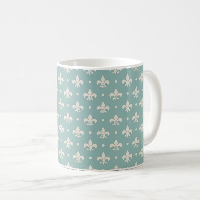 Mug Grey Fleur De Lis motif sur arrière - plan turquoi (Devant droit)